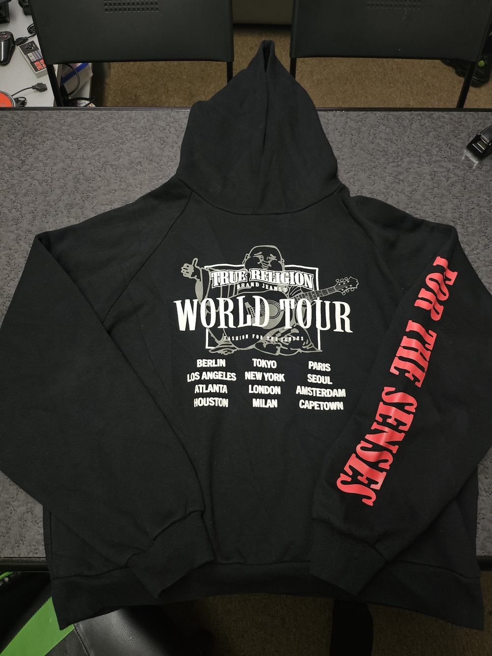 Medium True Religion Black Hoodie with White 'World Tour' Graphic
